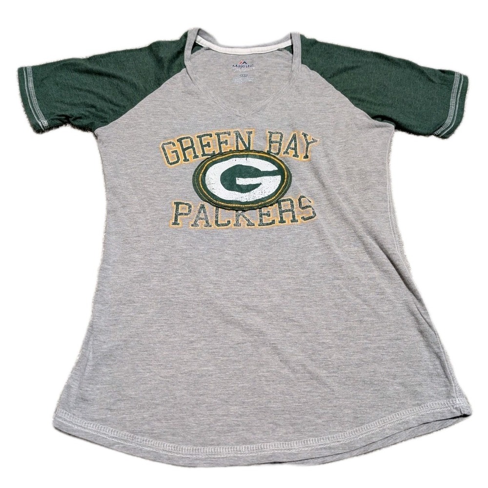 Majestic Green Bay Packers Shirt Womens‎ M White Yellow Patch Retro NFL